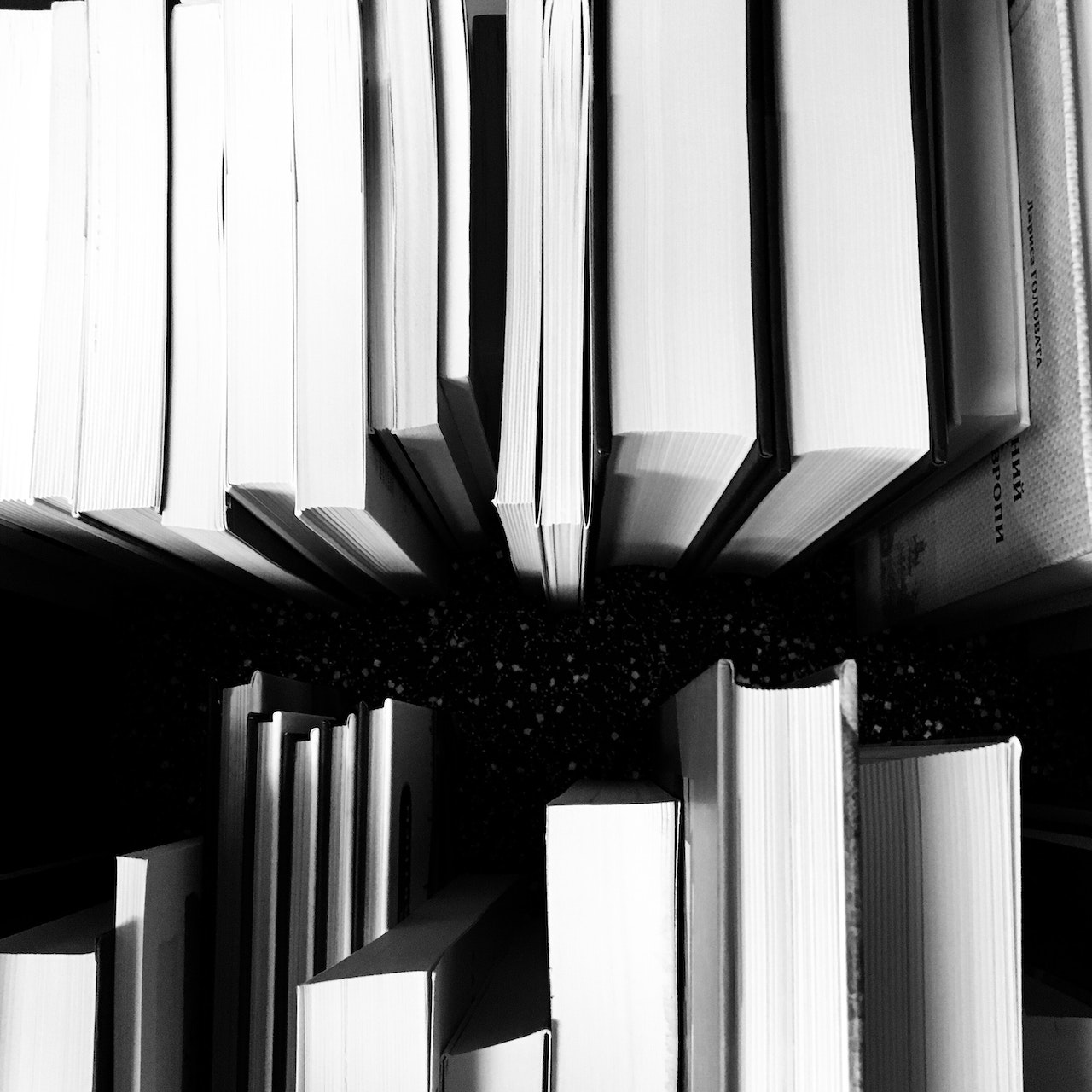 a black and white photograph of some books