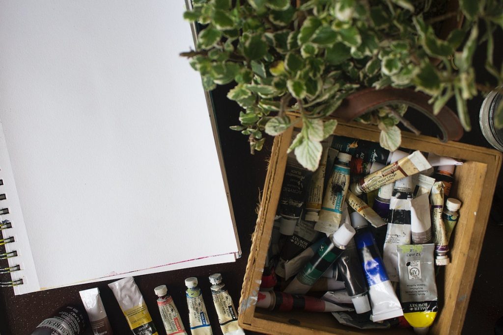 a photograph of a box of paints in tubes, a plant, brushes and paper.