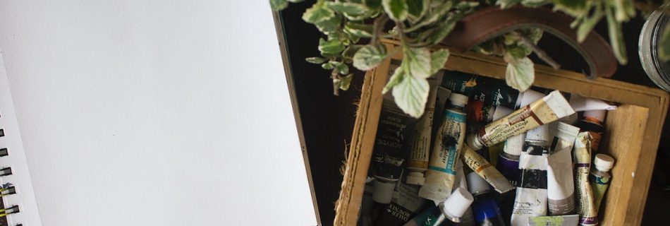 a photograph of a box of paints in tubes, a plant, brushes and paper.