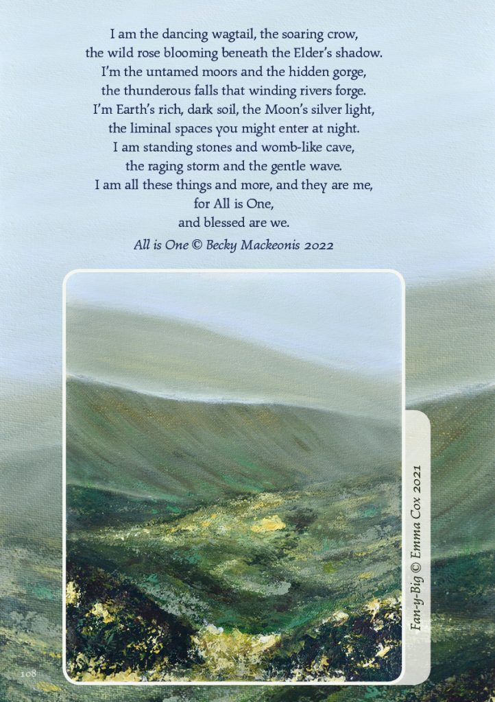 An acrylic painting of Fan Y Big by Emma Cox. Mist enshrouds the landscape which grows fainter as the distance increases. Colours are predominantly green and yellow, with brighter aspects where the sun is breaking through the cloud. Image is accompanied with words by Becky Mackeonis "All is One"