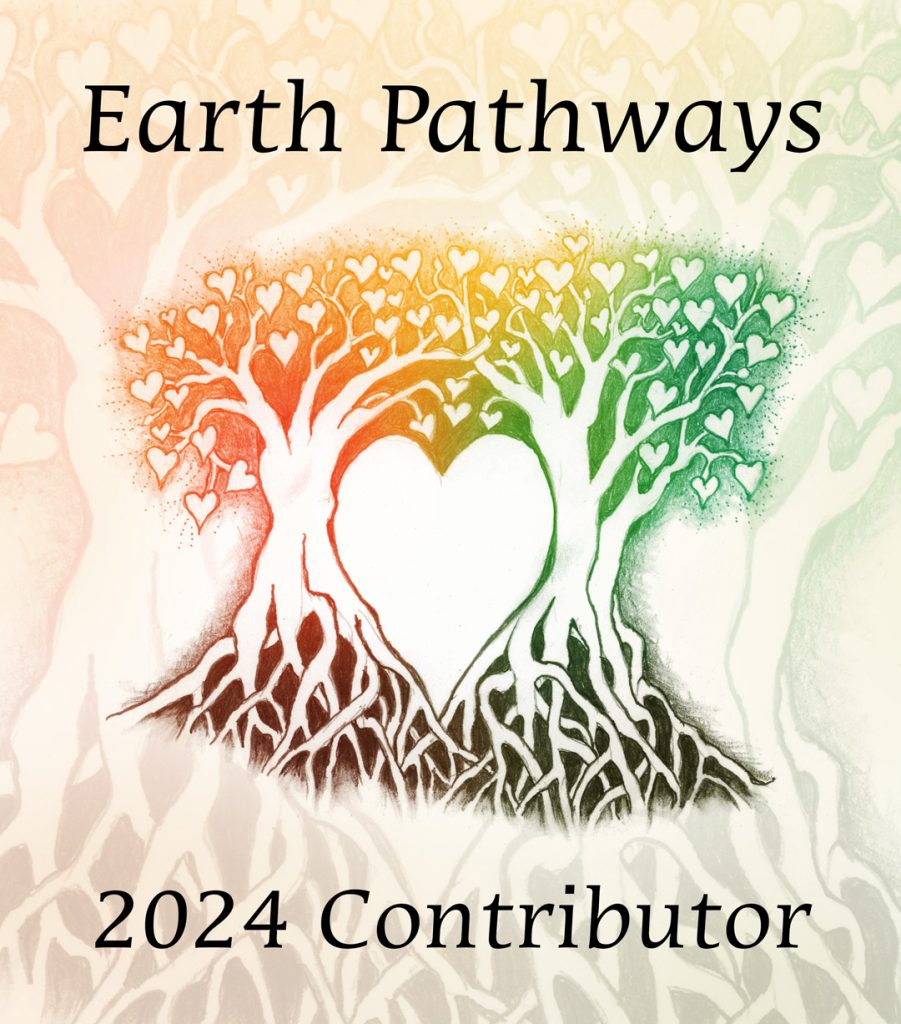 Illustration of two trees growing together and in the empty space between them forms the shape of a heart. Text reads "Earth Pathways - 2024 Contributor"