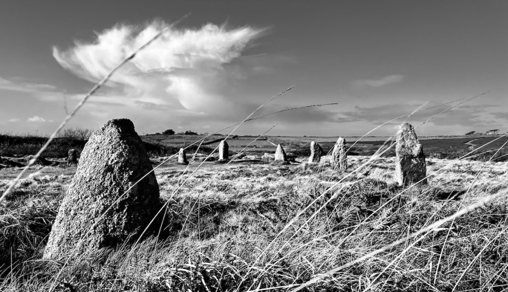 Part of a granite stone circle in black and white
