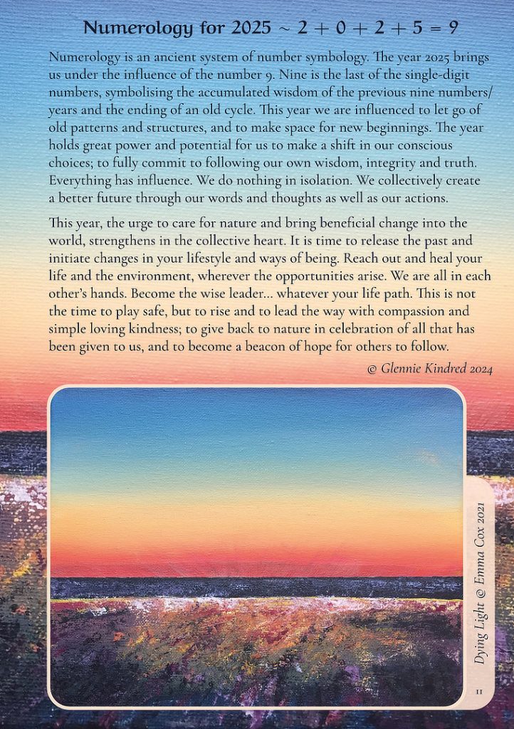 An image from page 11 of the Earth pathways diary showing text and a painting by Emma Cox of the dusk light looking out to sea.