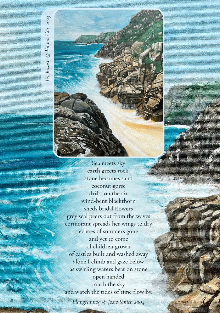An image of page 38 in the earth pathways 2025 diary showing a painting by Emma Cox of the Cornish granite cliffs looking out to sea.