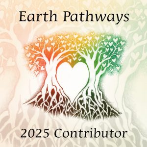 A illustration of two trees with the roots and branches intertwining so the empty space between the two trunks creates a heart. Above the image are the words Earth Pathways. Below, 2025 Contributor.