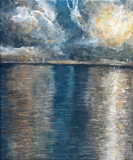 An acrylic on canvas painting of clouds over a calm sea