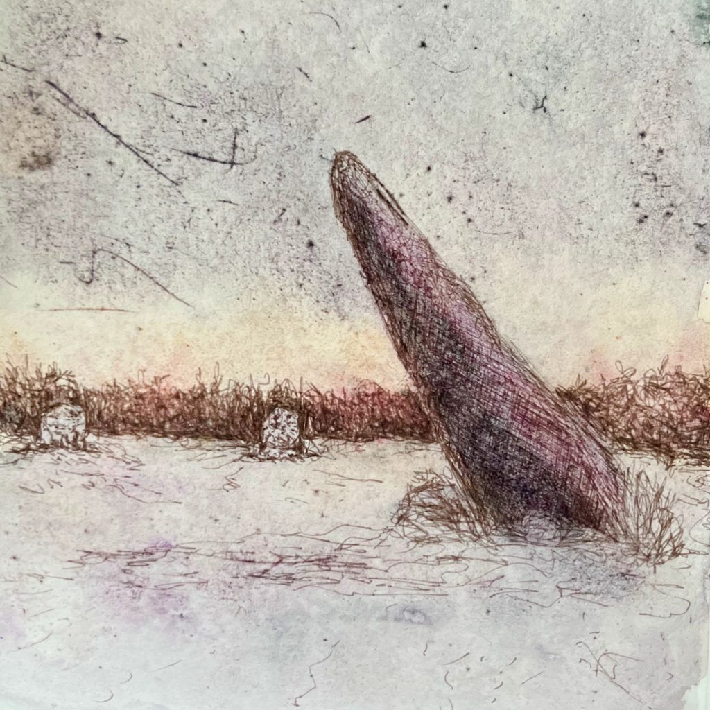 A pen and watercolour sketch of the leaning central stone of Boscawen-ûn Stone Circle. The colours are muted yellows, oranges and purples.