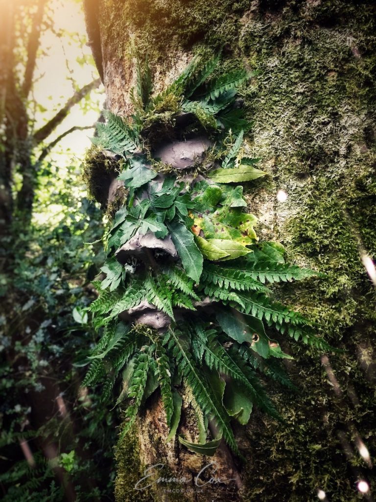 A natural sculpture of a Green Man on a tree trunk. He is made from natural clay and local fauna collected in the woodland. Artist: Emma Cox. The sculpture was slowly reclaimed by nature over the summer, autumn and winter.