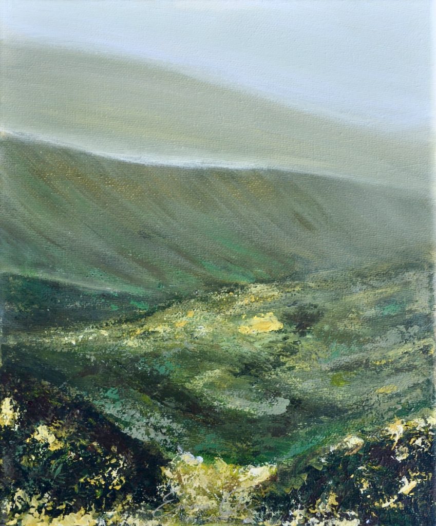An acrylic landscape of a misty moorland inspired by Cornish and other Celtic landscapes.