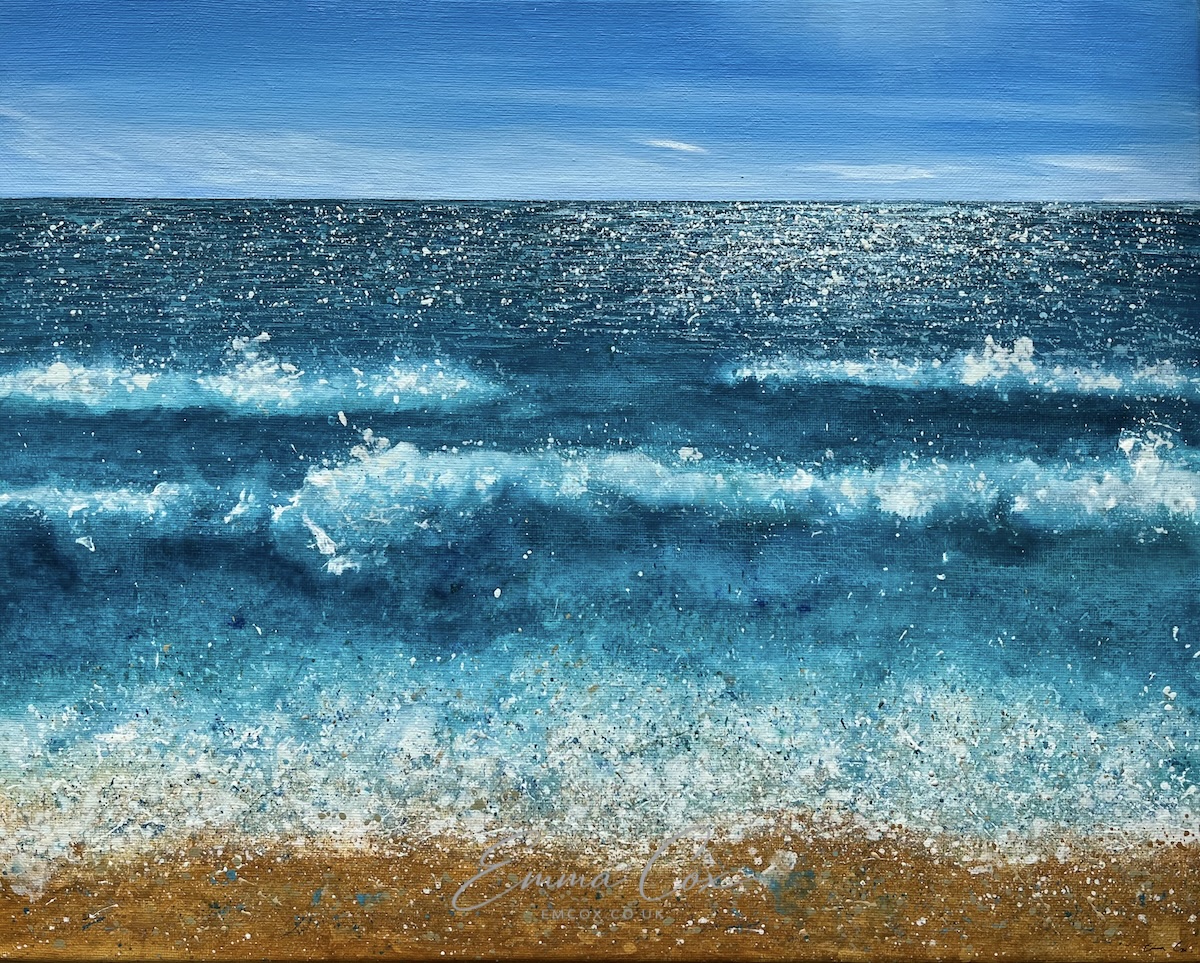 Acrylic seascape painting of the Cornish coastline, waves breaking on shore, sunlight sparkling on the sea.