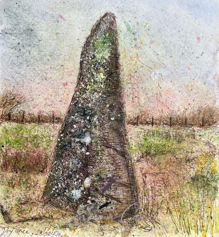 A pen and water colour sketch of the Cornish Dry Tree standing stone.