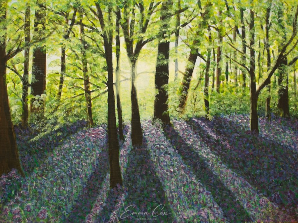 An acrylic painting of a Cornish beech woodland carpeted by bluebells. The low spring sun streams through the trees, casting long shadows on the ground.