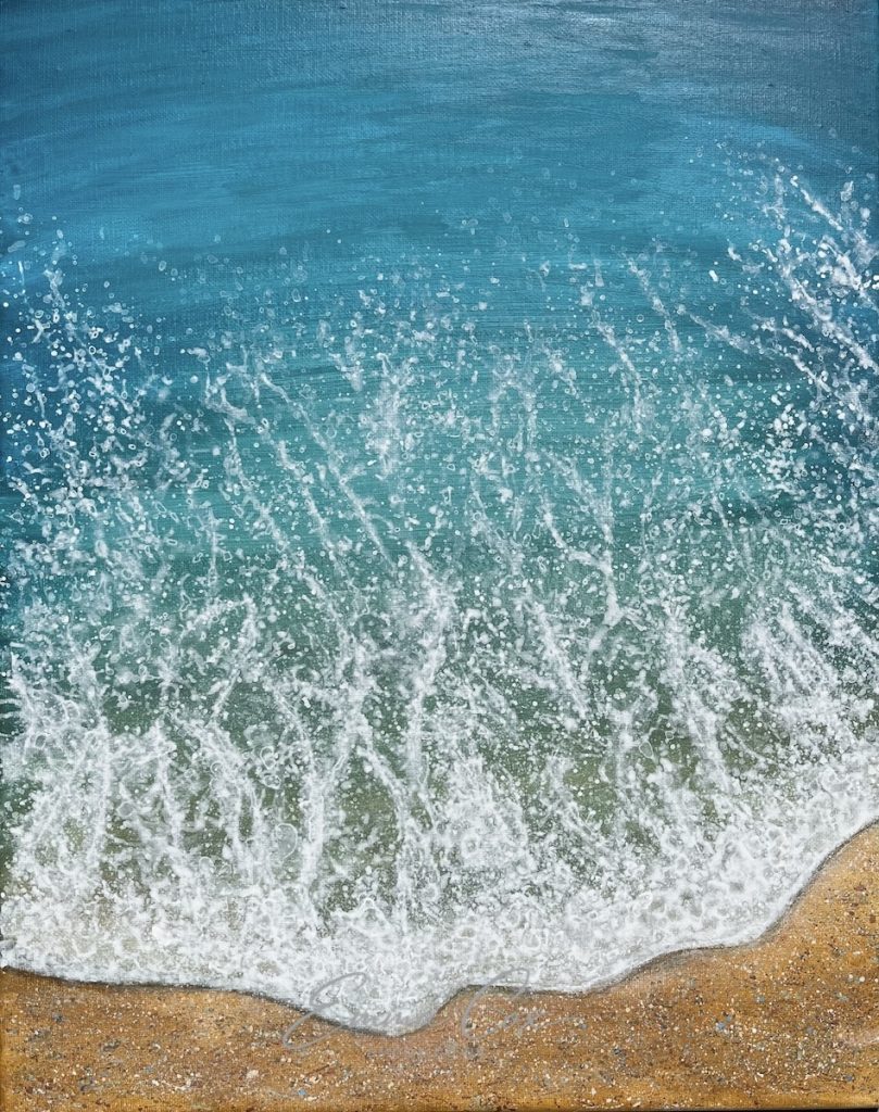 Acrylic seascape painting showing a wave breaking on a Cornish sandy shore.