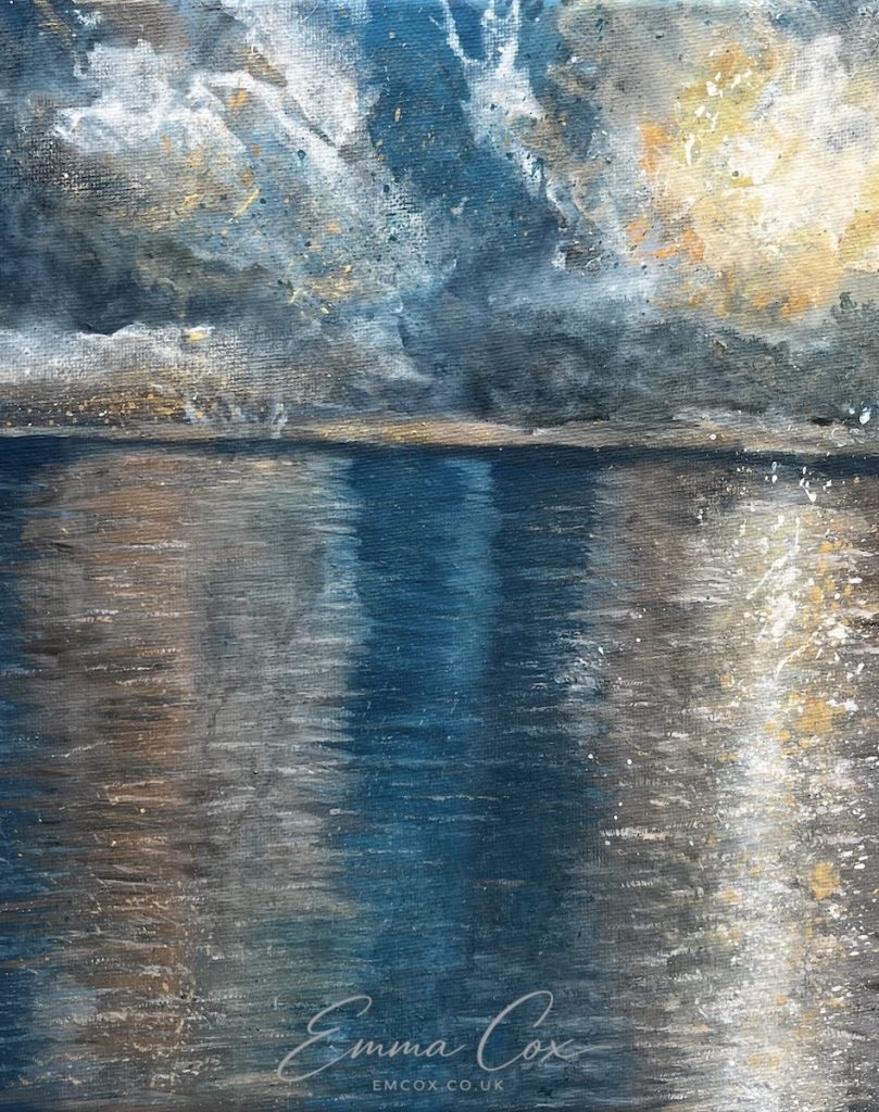 An acrylic on canvas painting of clouds over a calm Cornish sea approaching sunset.