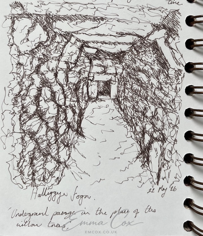 a rough sketch of a fogou (underground manmade passageway) in pen on paper. 