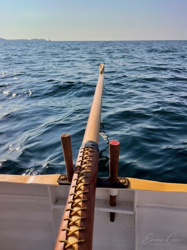 a gig oar between the soft and hardwood pins