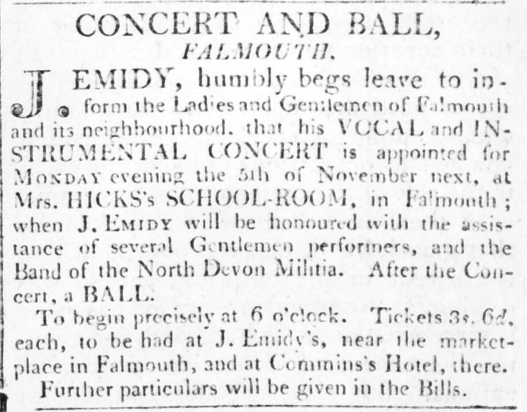 newspaper announcement of J Emidy's concert in Falmouth, Cornwall.
